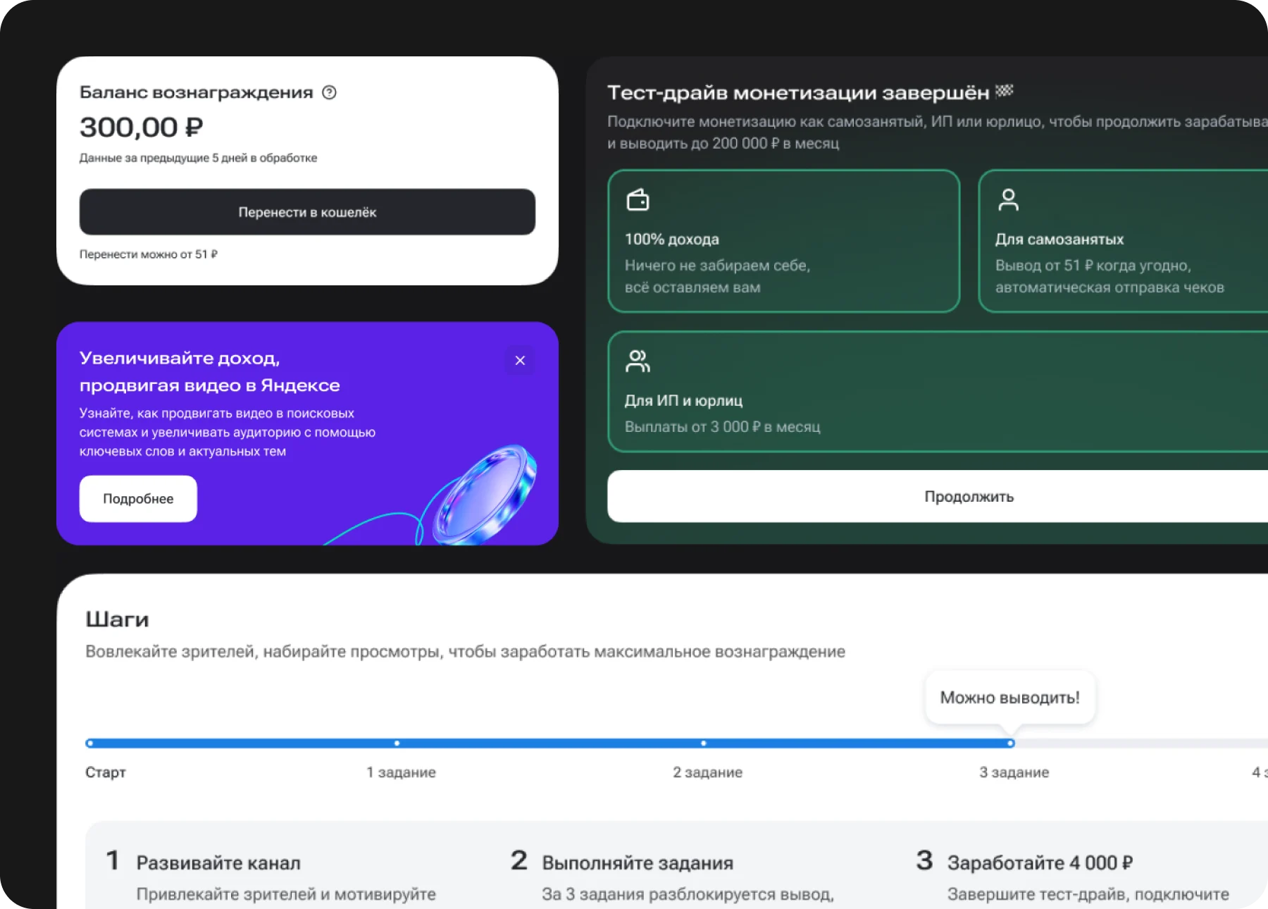 Интерфейс тест-драйва монетизации для физлиц в RUTUBE Studio